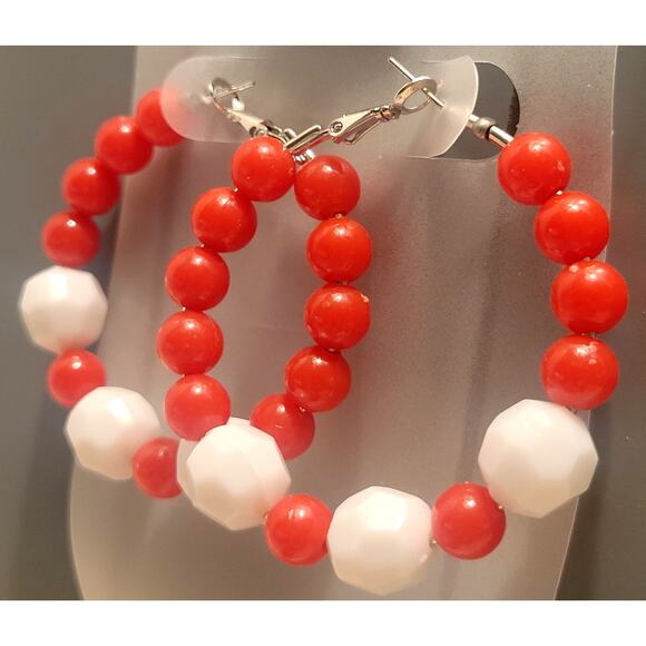 Red White Hoop Earrings 2" Retro Bold Funky Y2K Festival Pierced 80's Acrylic - Picture 5 of 6